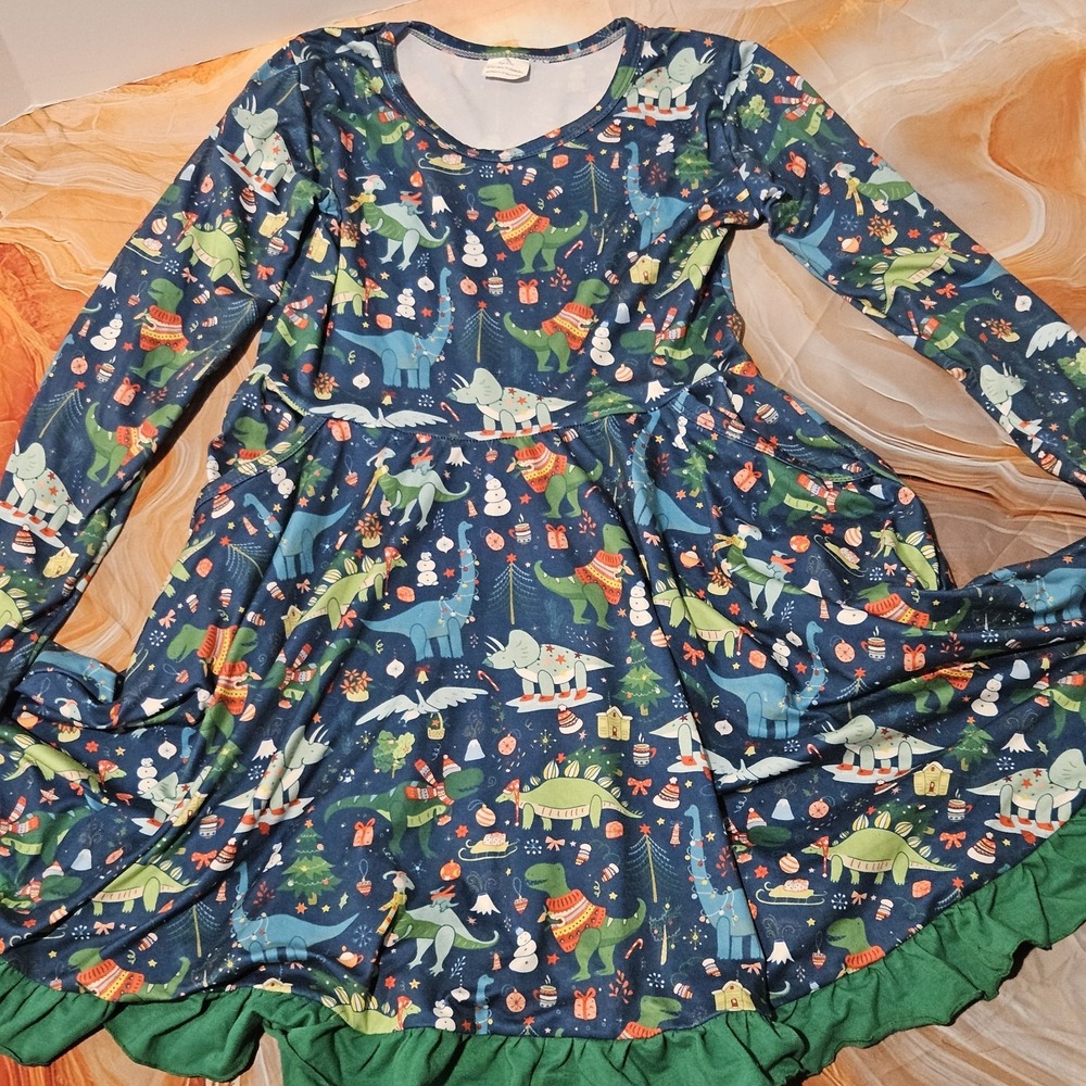 Girls 8/9 Christmas Dinosaur T-Rex Milksilk Twirl Dress Long Sleeve Pockets